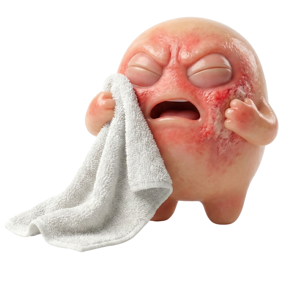 Personaje de piel irritada secándose con una toalla