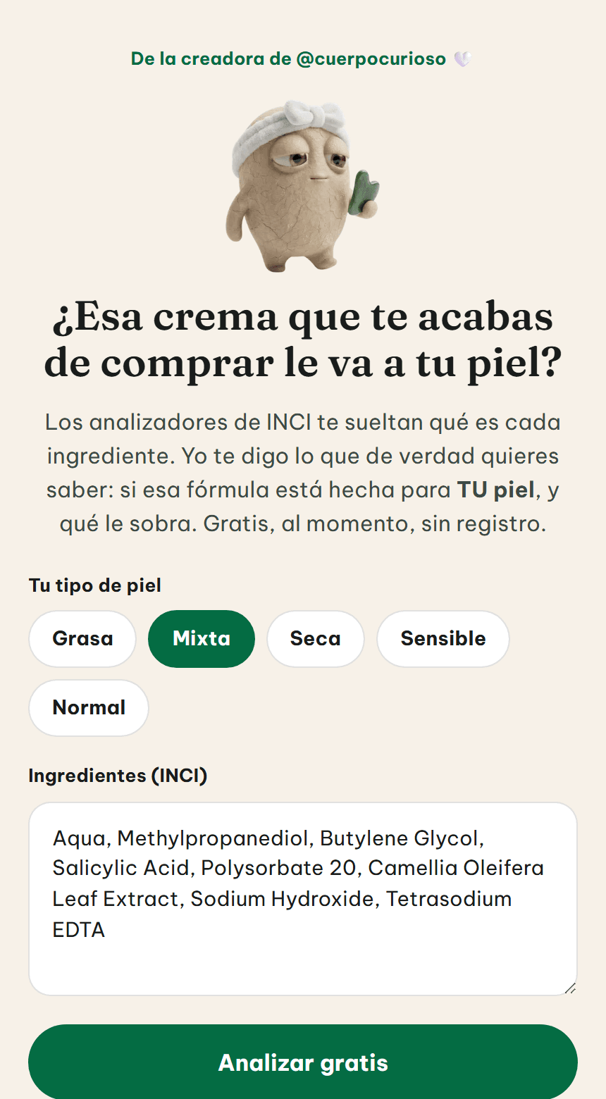 Captura real del INCI introducido y la selección de piel mixta