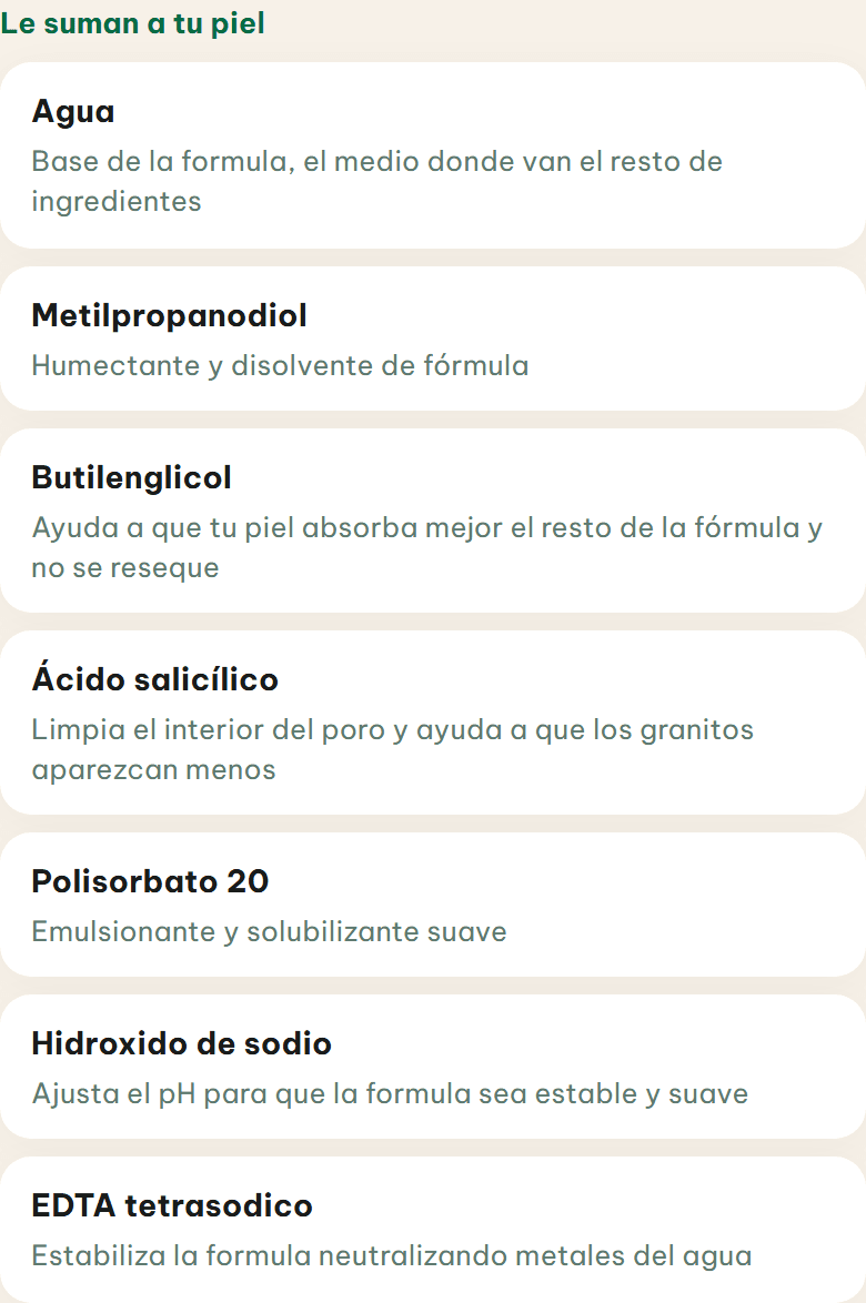 Resultado real del analizador: siete ingredientes explicados, con ácido salicílico en la cuarta posición